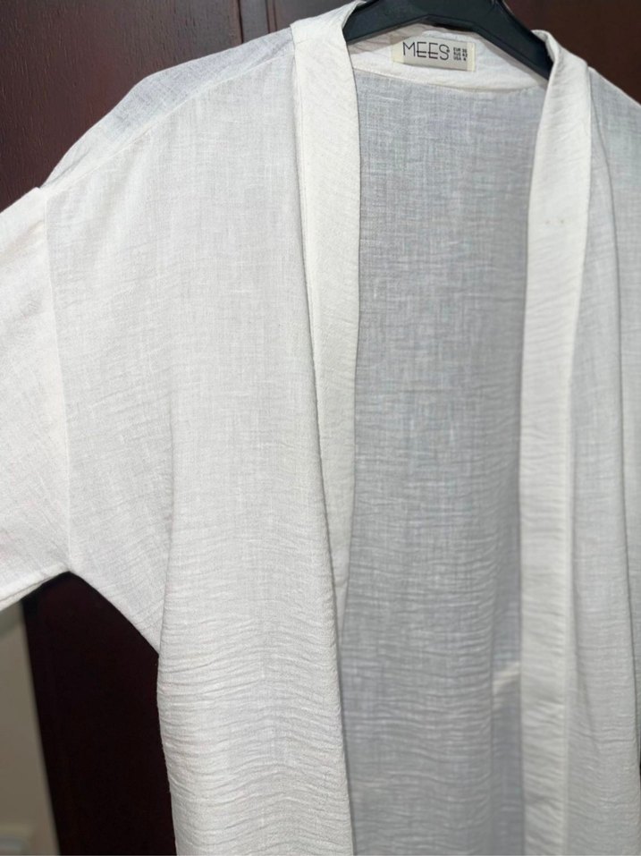 Beyaz Keten Kuşaklı Kadın Kimono - Görsel 4