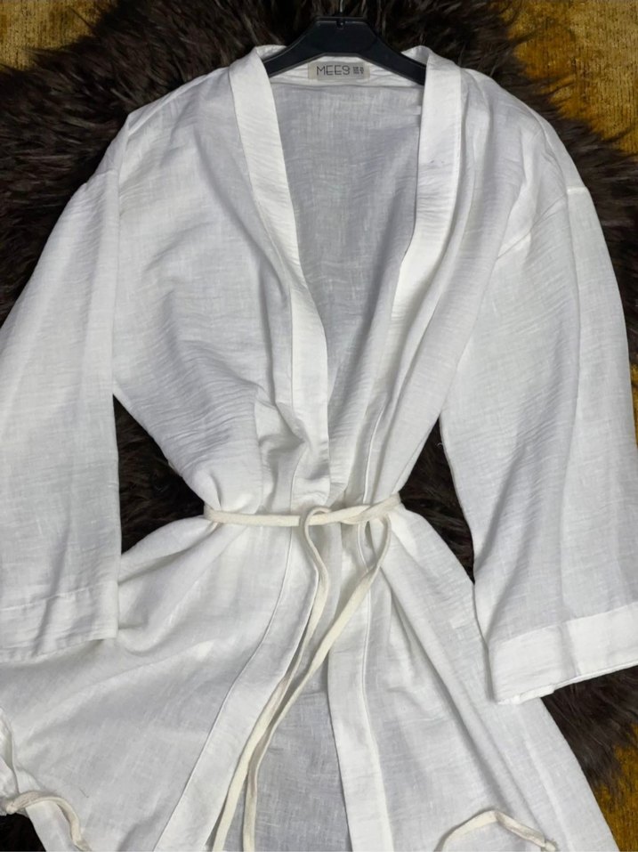 Beyaz Keten Kuşaklı Kadın Kimono - Görsel 5