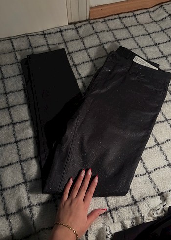Kadın Siyah Dar Kesim simli esnek pantolon - Görsel 4
