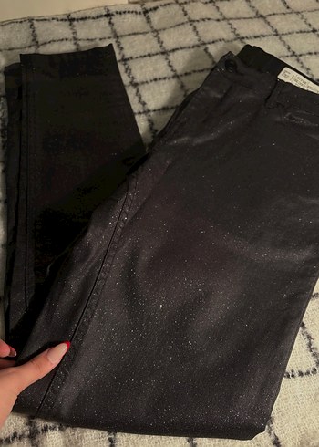 Kadın Siyah Dar Kesim simli esnek pantolon - Görsel 5