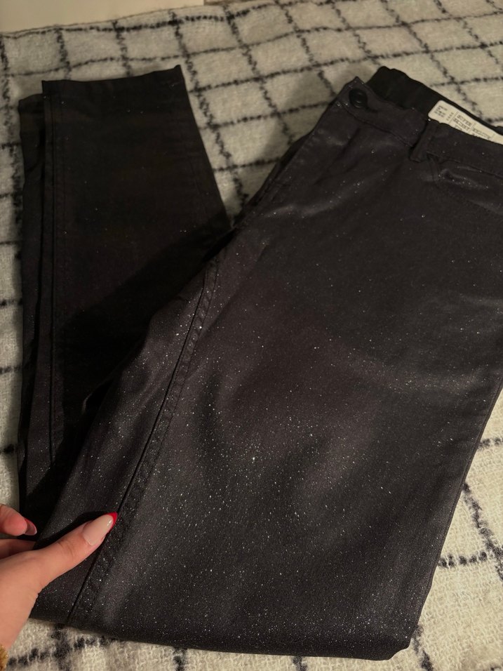 Kadın Siyah Dar Kesim simli esnek pantolon - Görsel 5