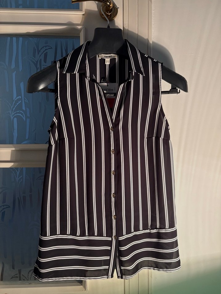 koton Düğmeli Siyah Çizgili Kolsuz gömlek - Görsel 2