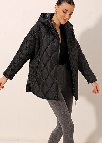 Siyah Kapüşonlu Rahat Kadın Ceket - Görsel 4