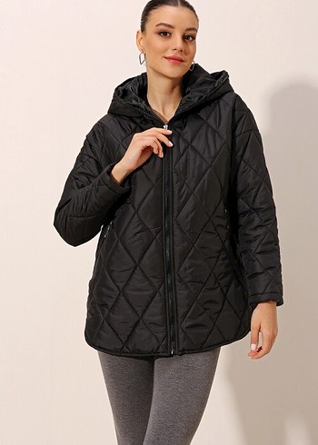 Siyah Kapüşonlu Rahat Kadın Ceket - Görsel 2