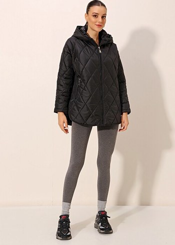 Siyah Kapüşonlu Rahat Kadın Ceket - Görsel 5