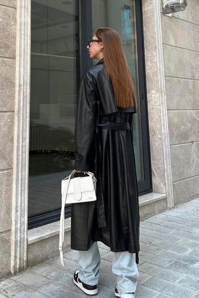 Siyah Deri Uzun Kemerli Kadın Trençkot - Görsel 2