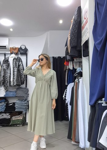 Kadın V Yaka Uzun Bohem Pamuklu Elbise - Görsel 3