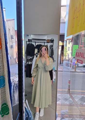 Kadın V Yaka Uzun Bohem Pamuklu Elbise - Görsel 5