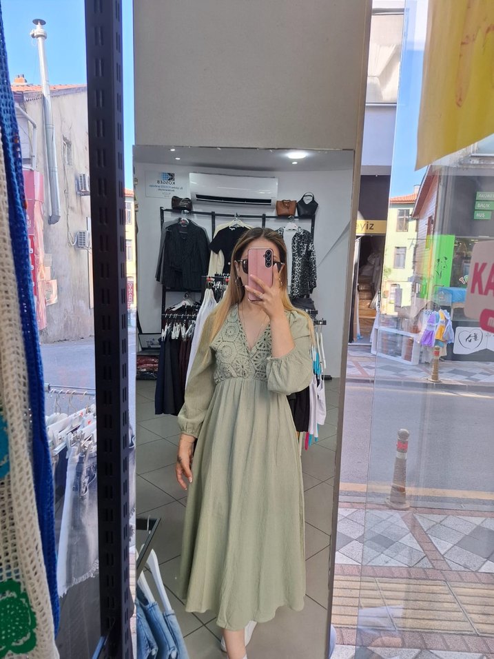 Kadın V Yaka Uzun Bohem Pamuklu Elbise - Görsel 4