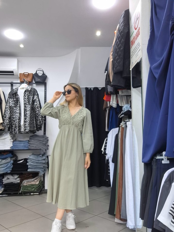 Kadın V Yaka Uzun Bohem Pamuklu Elbise - Görsel 3