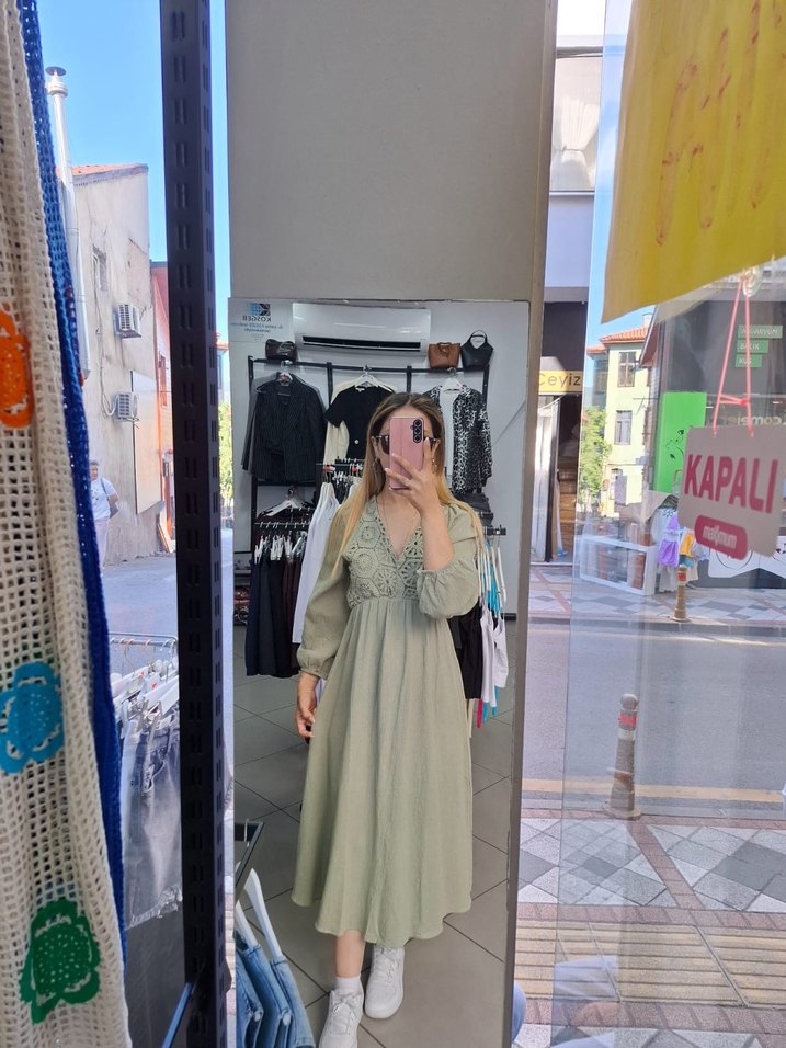 Kadın V Yaka Uzun Bohem Pamuklu Elbise - Görsel 5