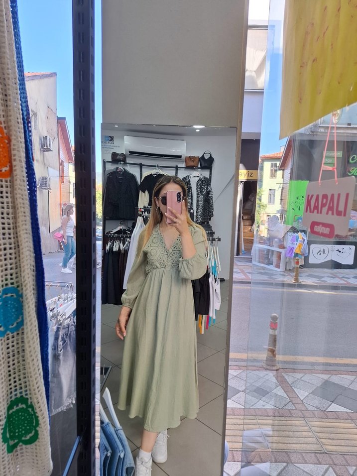 Kadın V Yaka Uzun Bohem Pamuklu Elbise - Görsel 2