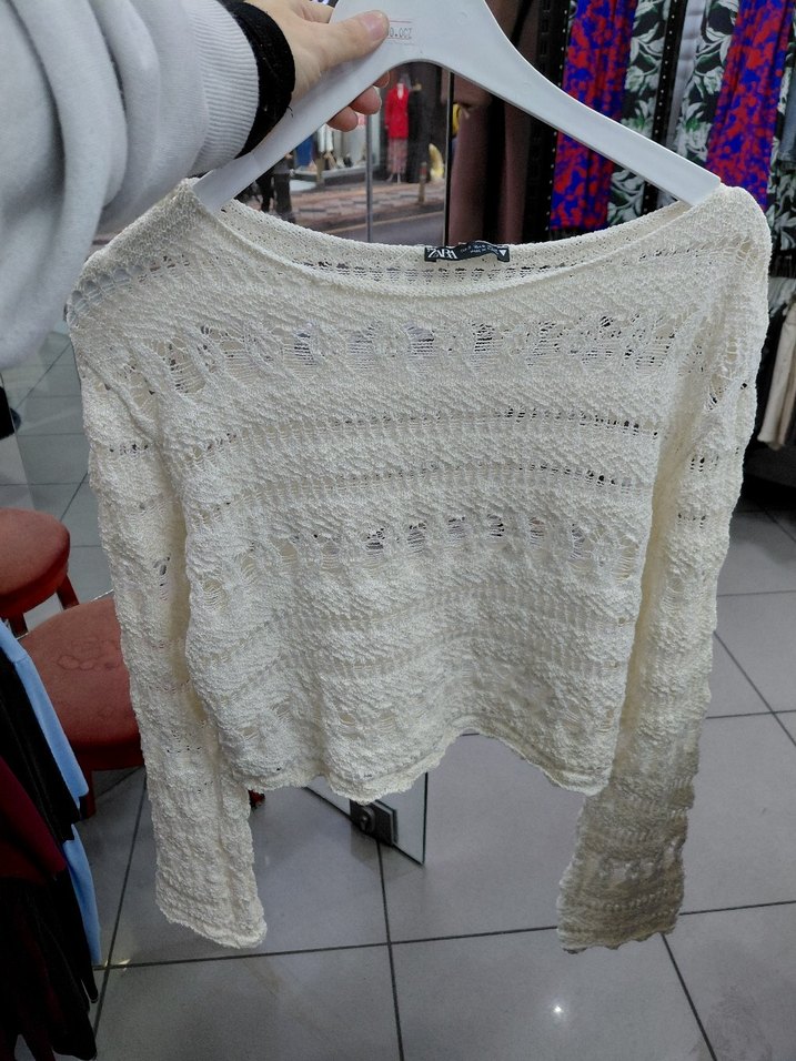 Zara Bohem Beyaz Örgü Kadın Kazak - Görsel 2