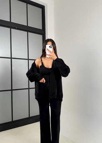 Siyah Kadın Süet Midi Hırka 3 Parça - Görsel 3