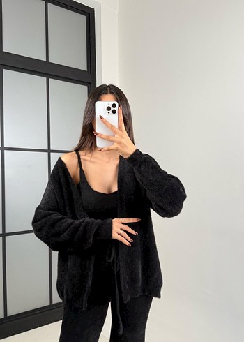 Siyah Kadın Süet Midi Hırka 3 Parça - Görsel 2