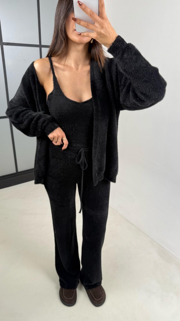 Siyah Kadın Süet Midi Hırka 3 Parça - Görsel 4