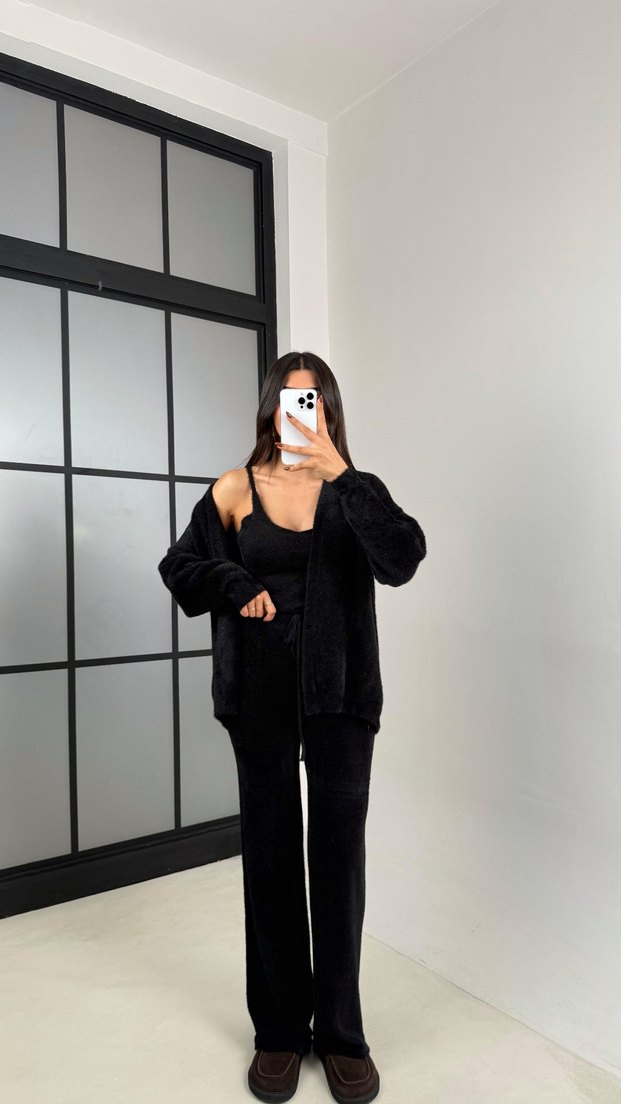 Siyah Kadın Süet Midi Hırka 3 Parça - Görsel 3