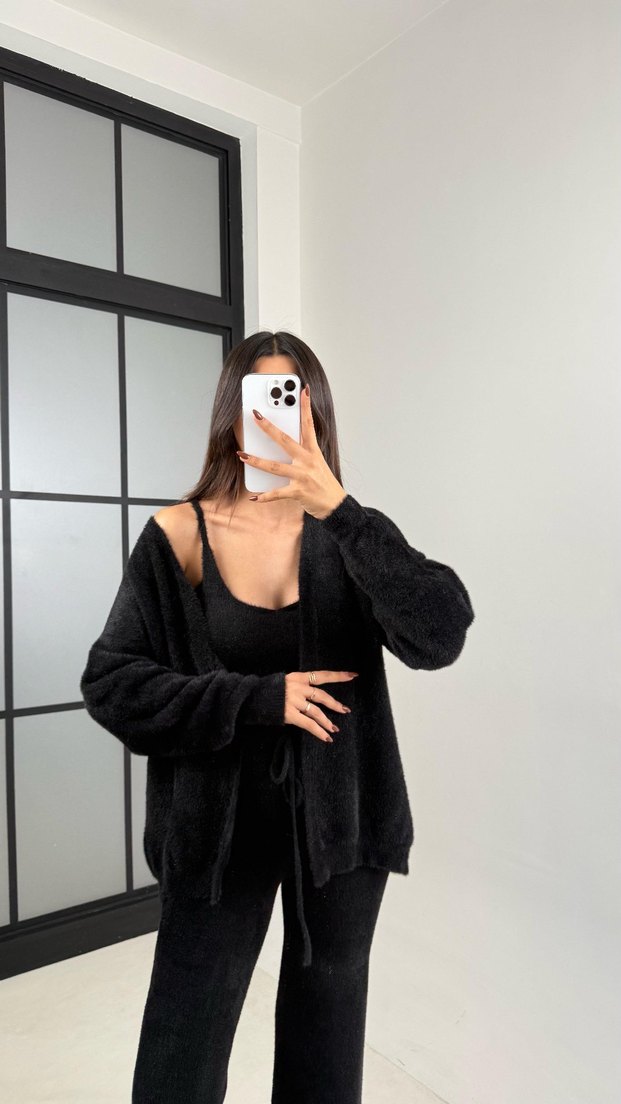 Siyah Kadın Süet Midi Hırka 3 Parça - Görsel 2