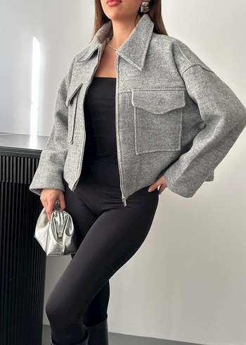 Gri Kısa Fermuarlı Kadın Kaban - Görsel 2