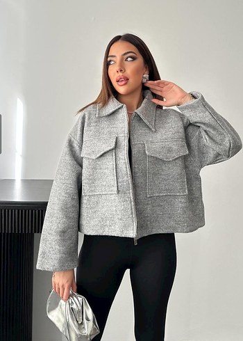 Gri Kısa Fermuarlı Kadın Kaban - Görsel 3