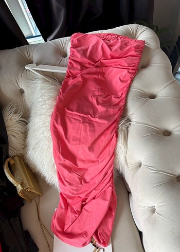 Pembe Drapeli Straplez Uzun Elbise - Görsel 2