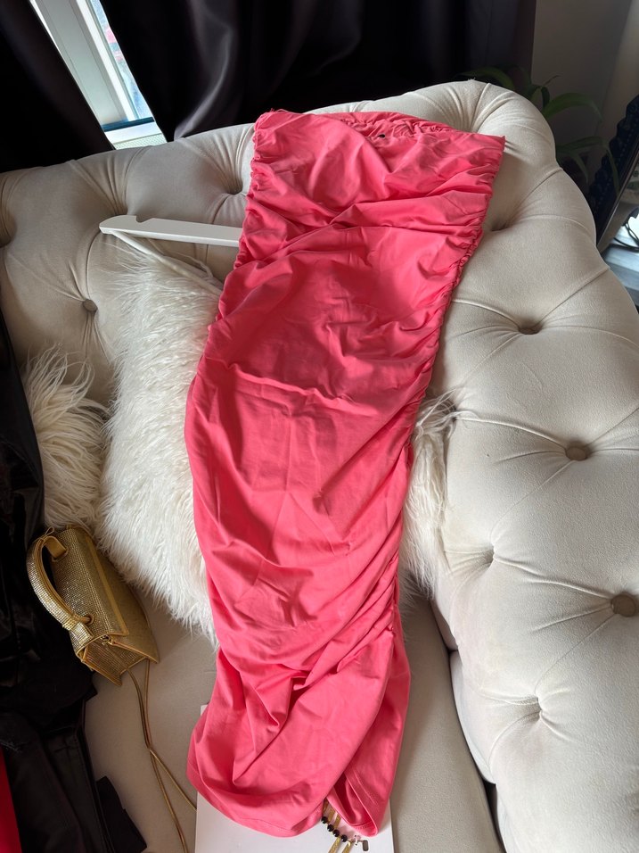 Pembe Drapeli Straplez Uzun Elbise - Görsel 2