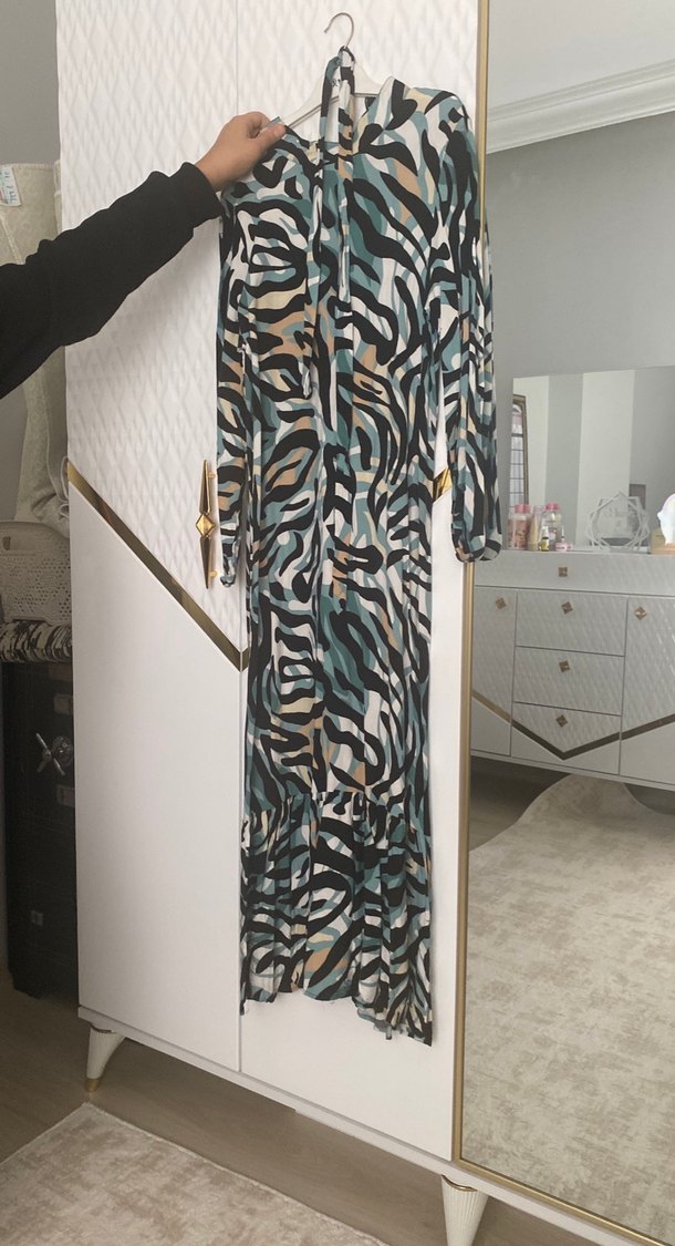 Uzun Kollu Zebra Desenli Salaş Elbise - Görsel 2