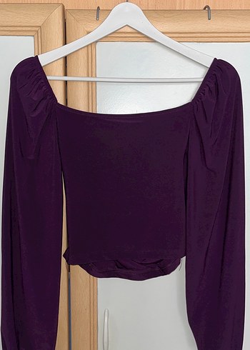 Mor Drapeli Uzun Kollu V Yakalı Bluz - Görsel 2
