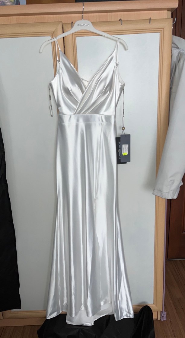 Beya saten V Yakalı Uzun yırtmaçlı Abiye Elbise - Görsel 2