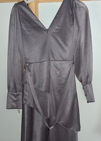 Lila V Yaka Uzun Drapeli Kadın Elbise - Görsel 2