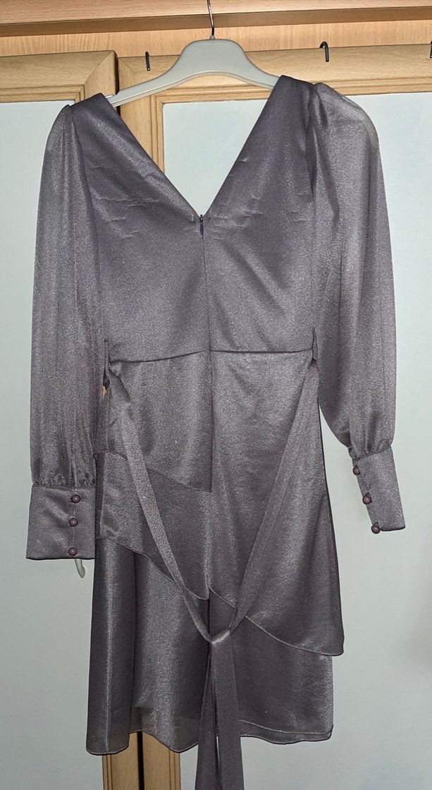 Lila V Yaka Uzun Drapeli Kadın Elbise - Görsel 2