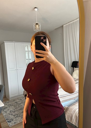 Bordo Süet Düğmeli Kolsuz Kadın Yelek - Görsel 3