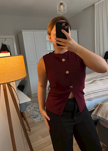 Bordo Süet Düğmeli Kolsuz Kadın Yelek - Görsel 2