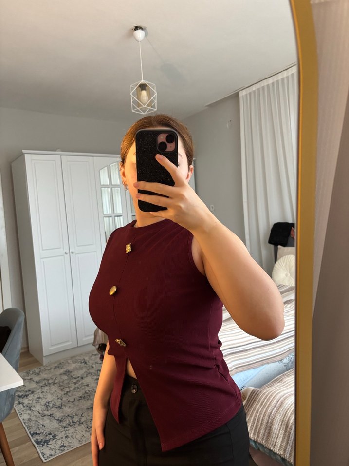 Bordo Süet Düğmeli Kolsuz Kadın Yelek - Görsel 3