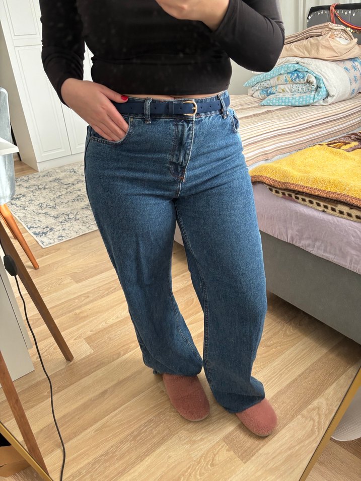 Kadın lacivert Bol Kesim Midi Kot Pantolon - Görsel 2