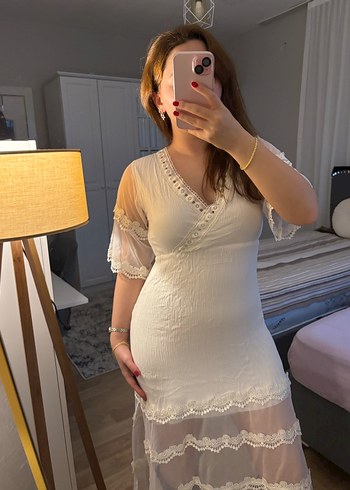 Beyaz Dantel Detaylı Midi Bohem Elbise - Görsel 2