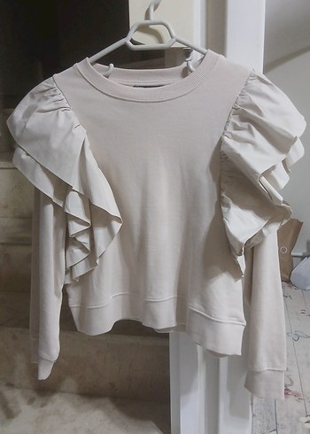 kadın Beyaz Keten Fırfırlı Bluz - Görsel 3