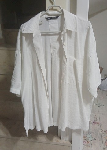 Beyaz Keten Salaş Midi Kadın Gömlek - Görsel 4