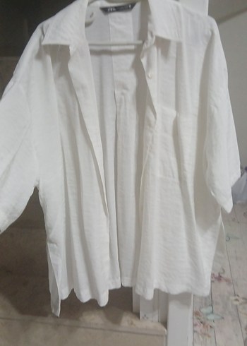 Beyaz Keten Salaş Midi Kadın Gömlek - Görsel 2