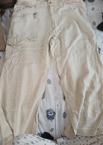 Bej Düğmeli Kadın Keten Pantolon - Görsel 2