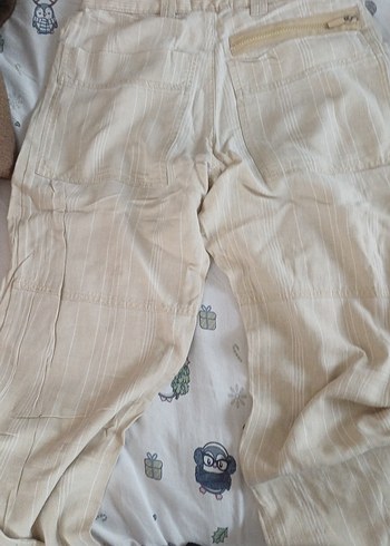 Bej Düğmeli Kadın Keten Pantolon - Görsel 3