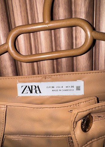 Zara Bej Deri Kadın Pantolon Midi Boy - Görsel 5