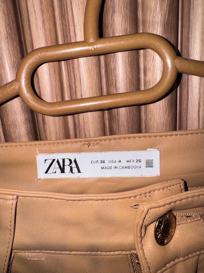 Zara Bej Deri Kadın Pantolon Midi Boy - Görsel 5