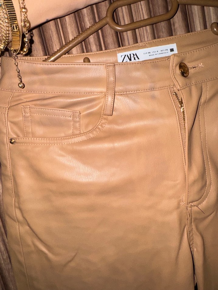 Zara Bej Deri Kadın Pantolon Midi Boy - Görsel 4