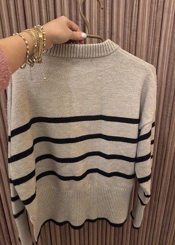 Bershka Bej Çizgili Rahat Örgü Kadın Kazak - Görsel 3