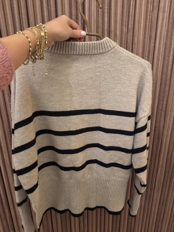 Bershka Bej Çizgili Rahat Örgü Kadın Kazak - Görsel 3