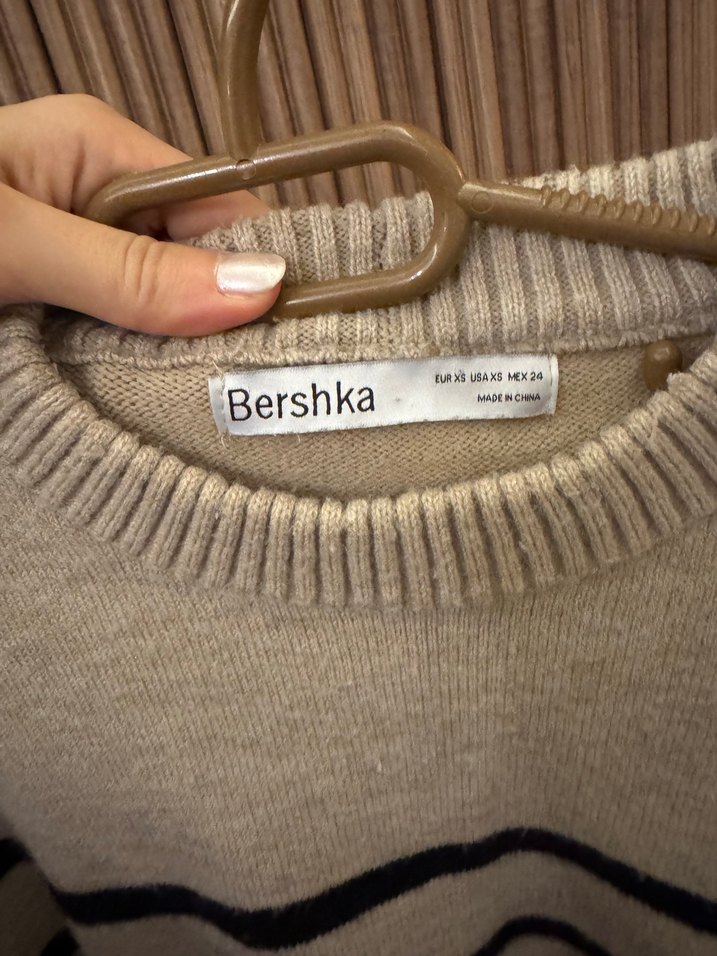 Bershka Bej Çizgili Rahat Örgü Kadın Kazak - Görsel 4