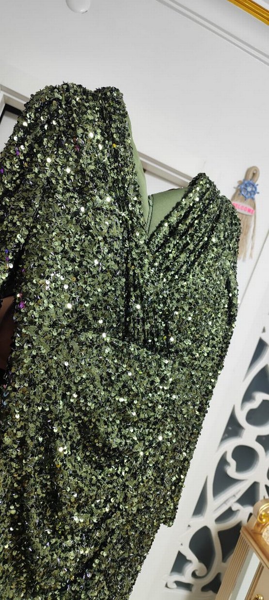 Drapeli V Yaka Kadın Uzun Abiye Elbise - Görsel 3