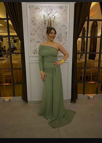 Uzun Kollu Straplez Drapeli Kadın Elbise - Görsel 3