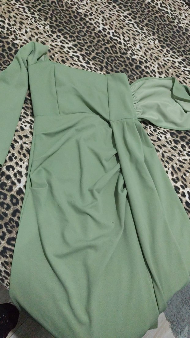 Uzun Kollu Straplez Drapeli Kadın Elbise - Görsel 2